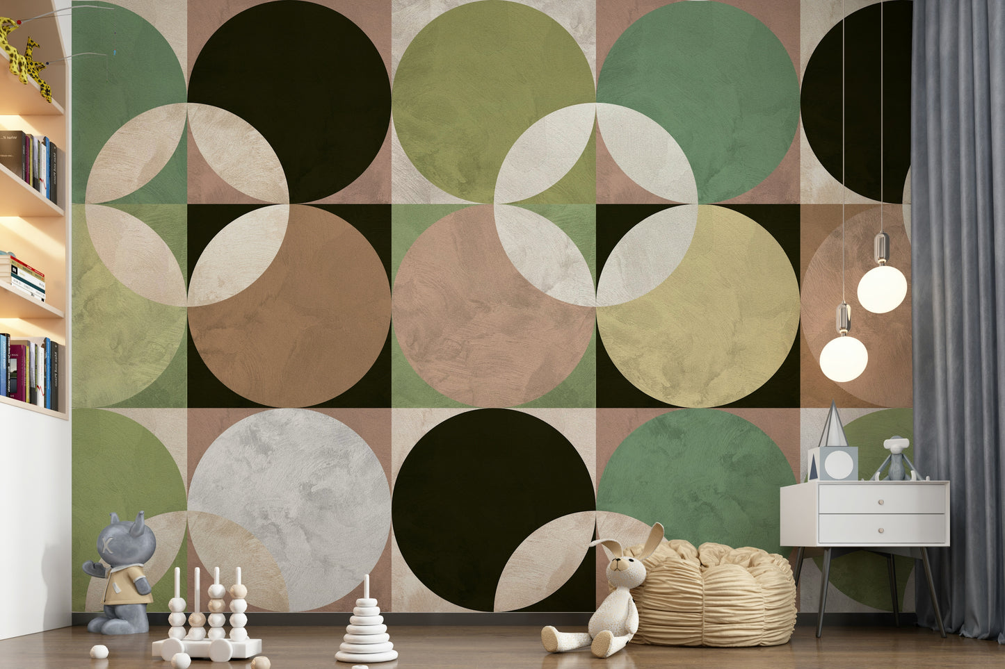 Retro-inspired wall mural with balanced circular designs creating visual rhythm and warmth.