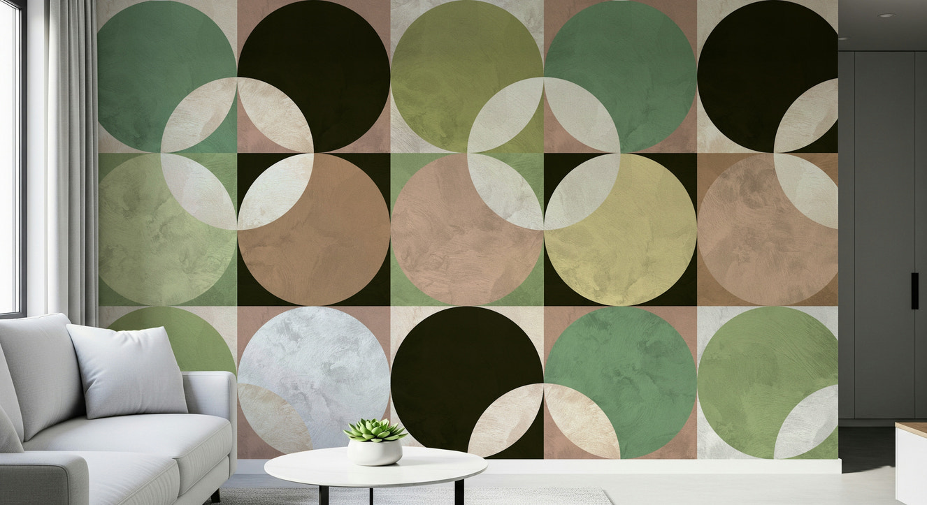 Retro Circle Harmony wall mural featuring bold circular patterns in warm, vintage tones.