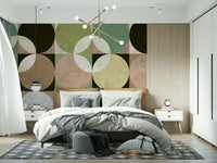 Abstract geometric wall mural with retro-inspired circles creating a balanced, harmonious design.