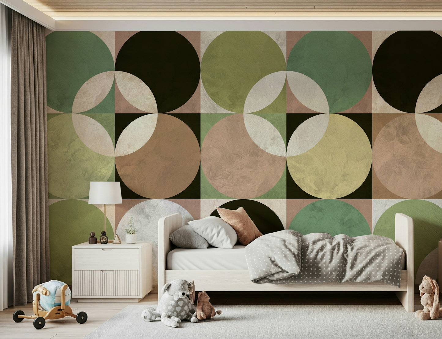 Modern retro mural showcasing a harmony of circles in soft orange, beige, and brown tones.