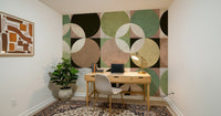 Artistic retro wallpaper mural with rhythmic circular motifs adding vintage charm to interiors.