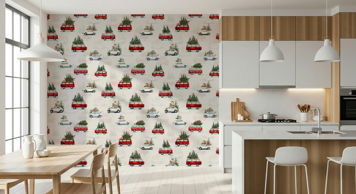 Camionette wallpaper pattern inspired by vintage vehicles and travel nostalgia.