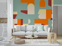 Crisp Air and Warmth wall mural with overlapping geometric shapes in soft, contemporary hues.