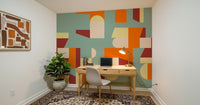 Abstract geometric design mural blending warm and cool colors for a stylish modern space.