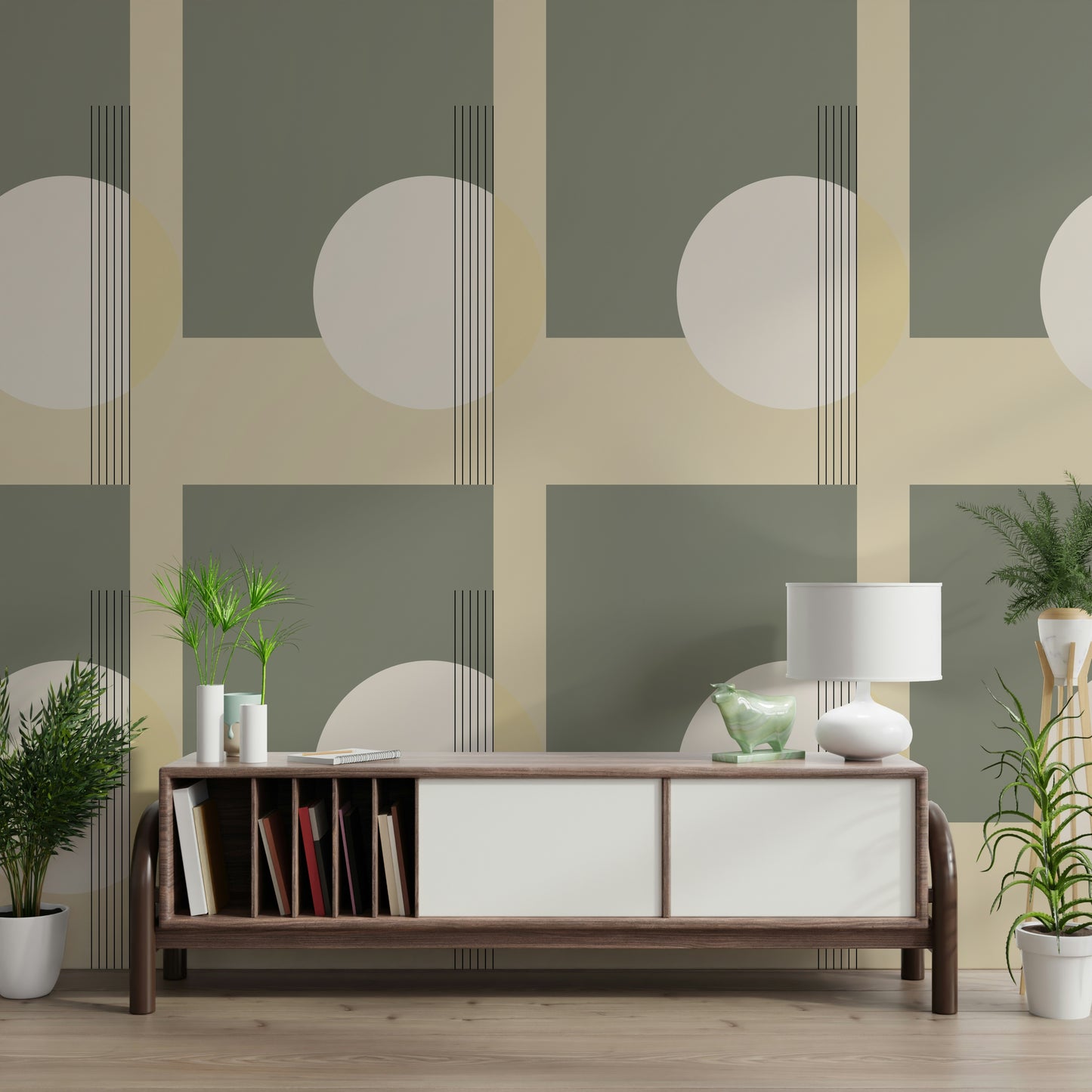 Minimalist geometric wall mural with soft contrasting tones for a calm, modern interior look.