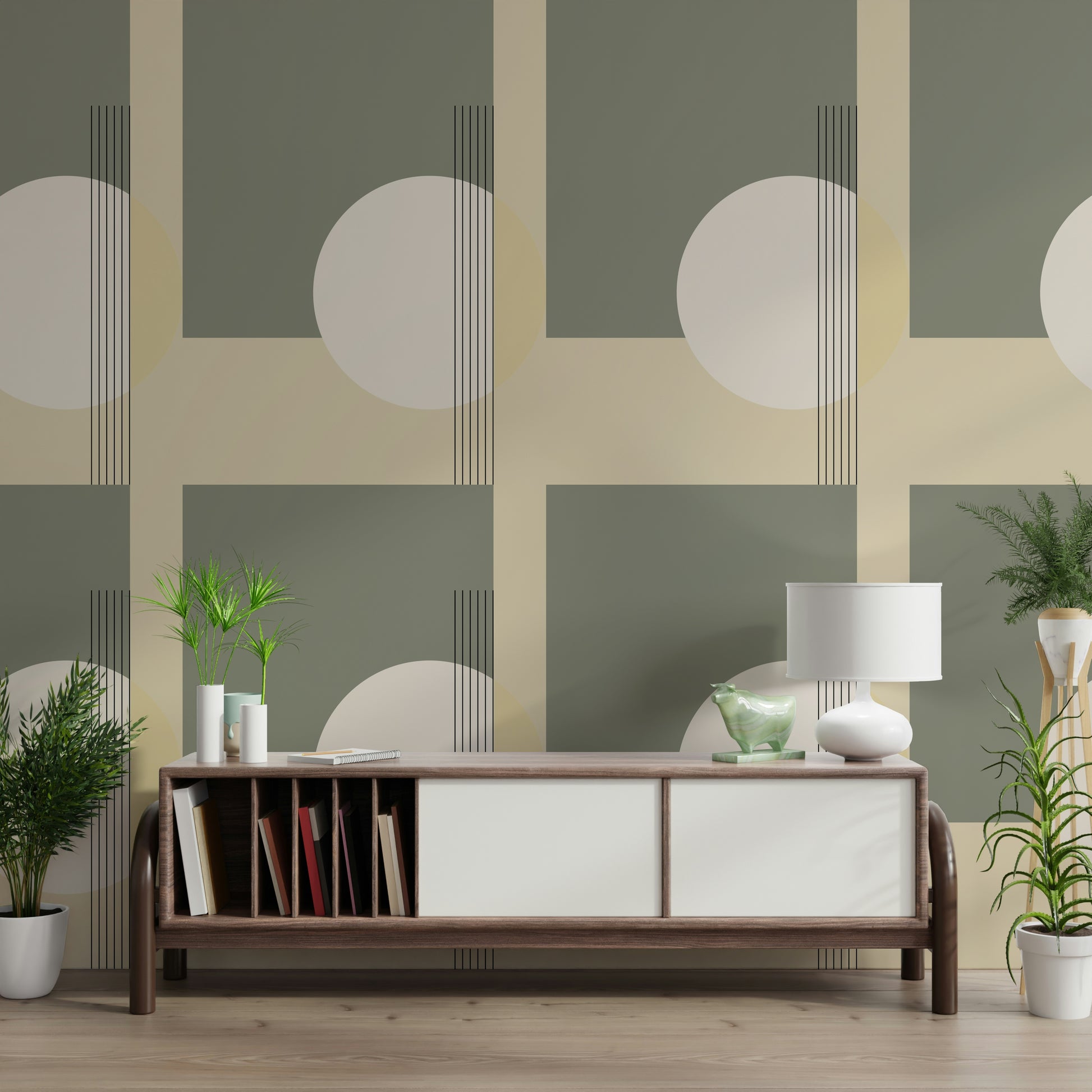 Minimalist geometric wall mural with soft contrasting tones for a calm, modern interior look.
