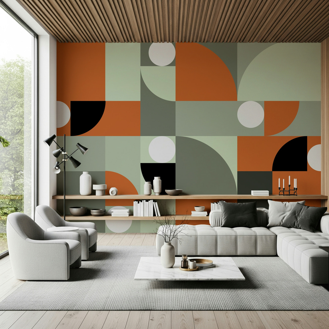 Modern wall mural featuring a blend of warm terracotta and cool gray tones for balanced décor.