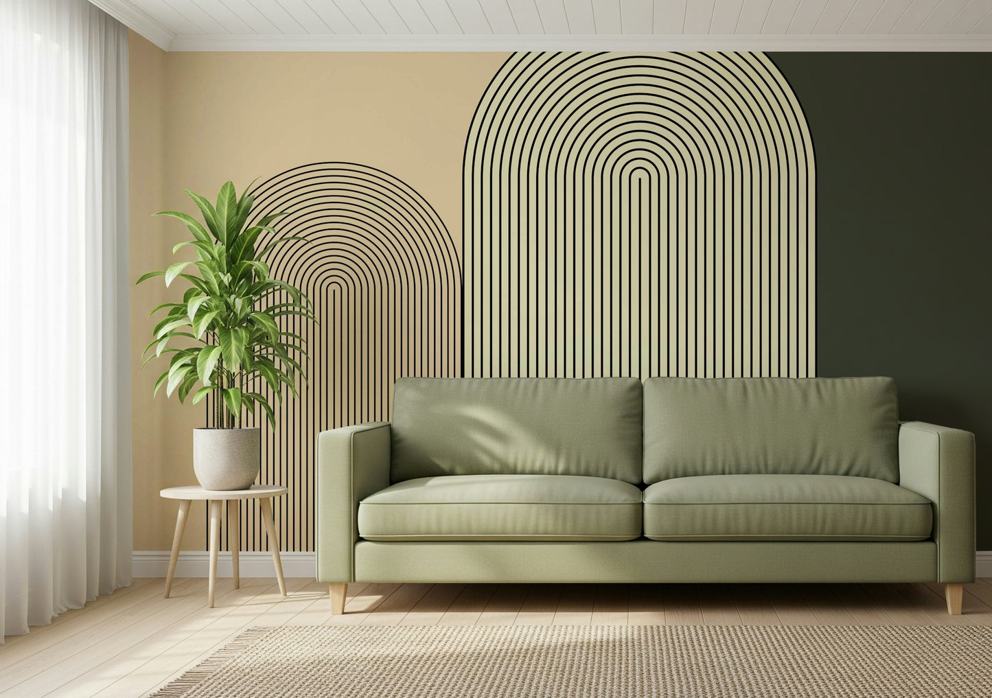 Modern minimalist arch wall mural featuring soft curves and neutral tones for a calming interior look.