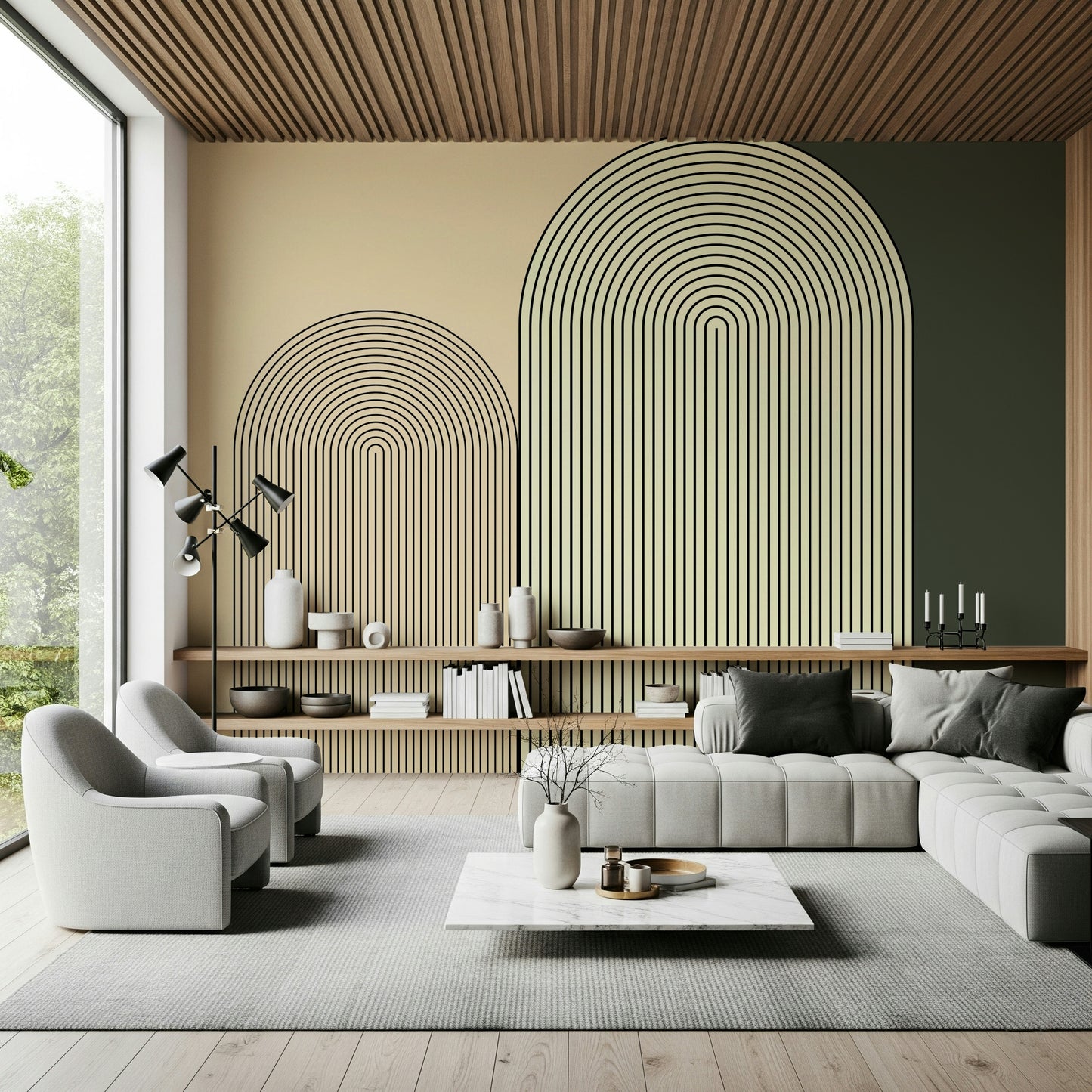 Contemporary minimalist mural featuring geometric arch forms for a serene, architectural feel.