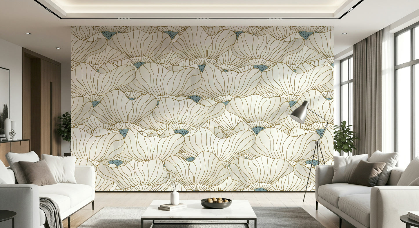Dusty White Botanical Bloom Waves  Wall Mural