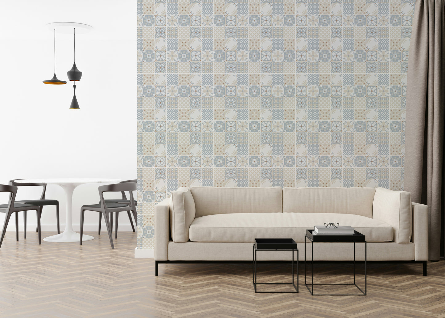 Vintage Folk Tiles – Blue Breeze Wallpaper⁠