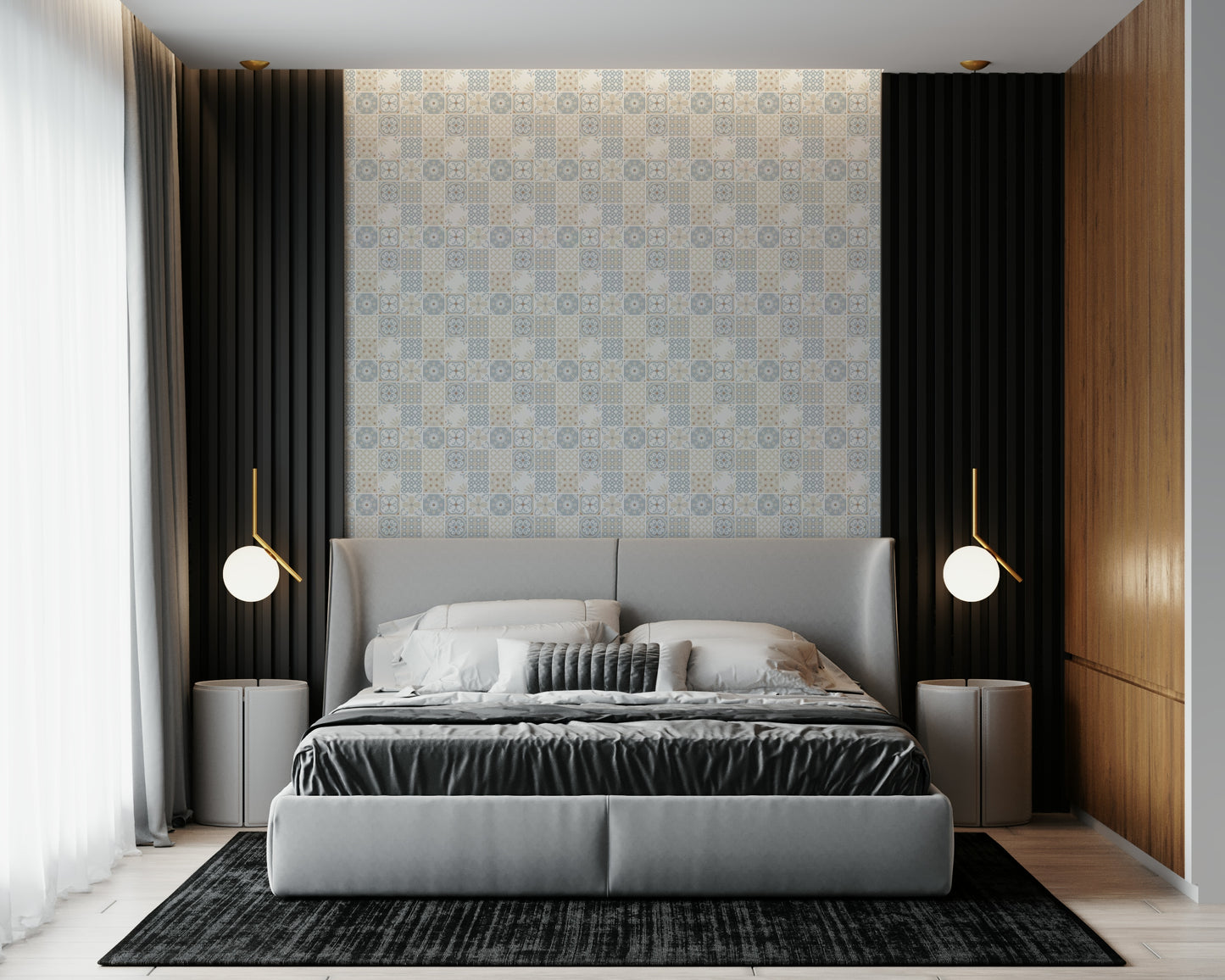 Vintage Folk Tiles – Blue Breeze Wallpaper⁠