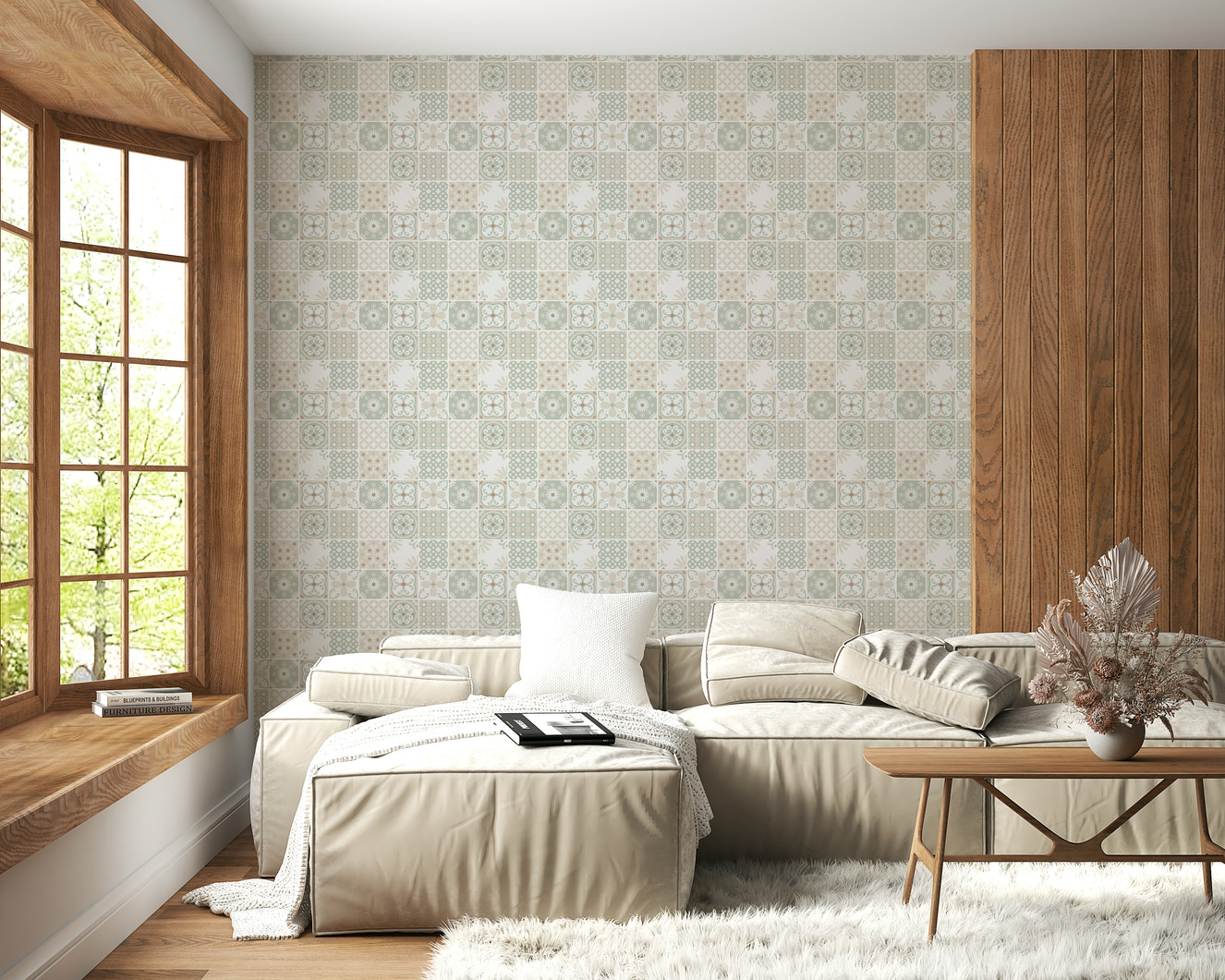 Vintage Folk Tiles – Sage Green Wallpaper⁠