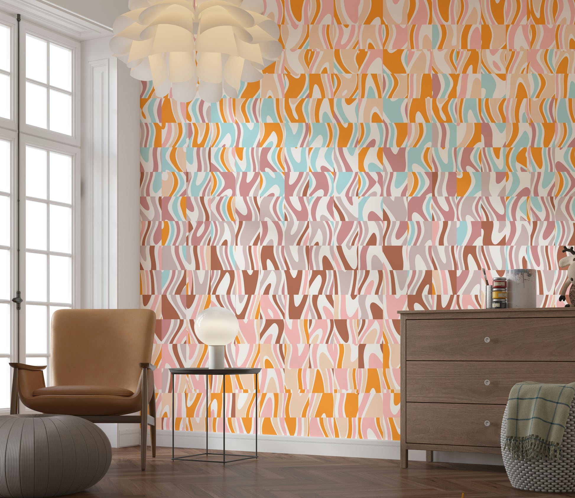 Groovy psychedelic aesthetic Melting Colors wall mural vibrant orange pink.