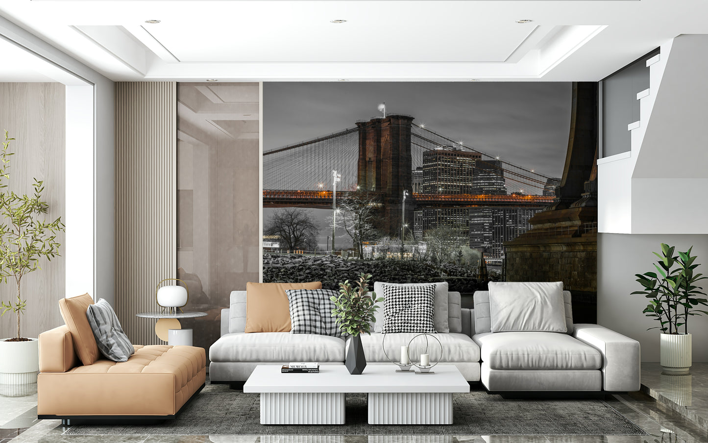 Skyline illumination Brooklyn Bridge Nights premium wall mural evocative nightscape.