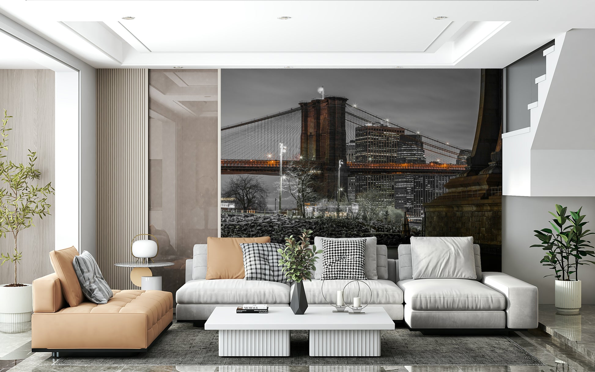 Skyline illumination Brooklyn Bridge Nights premium wall mural evocative nightscape.