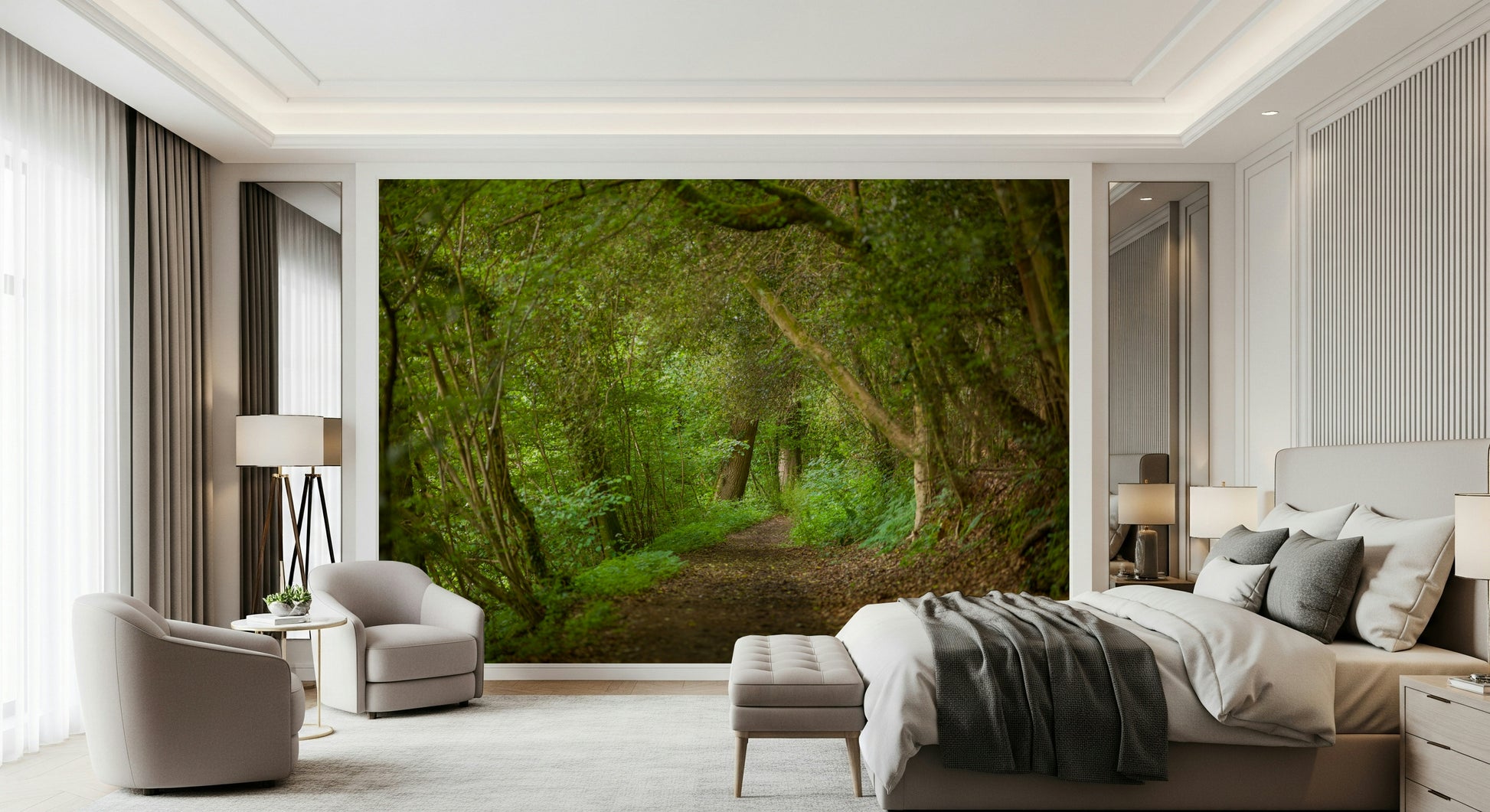 Forest interior mural appealing green lane secluded woodland escape.