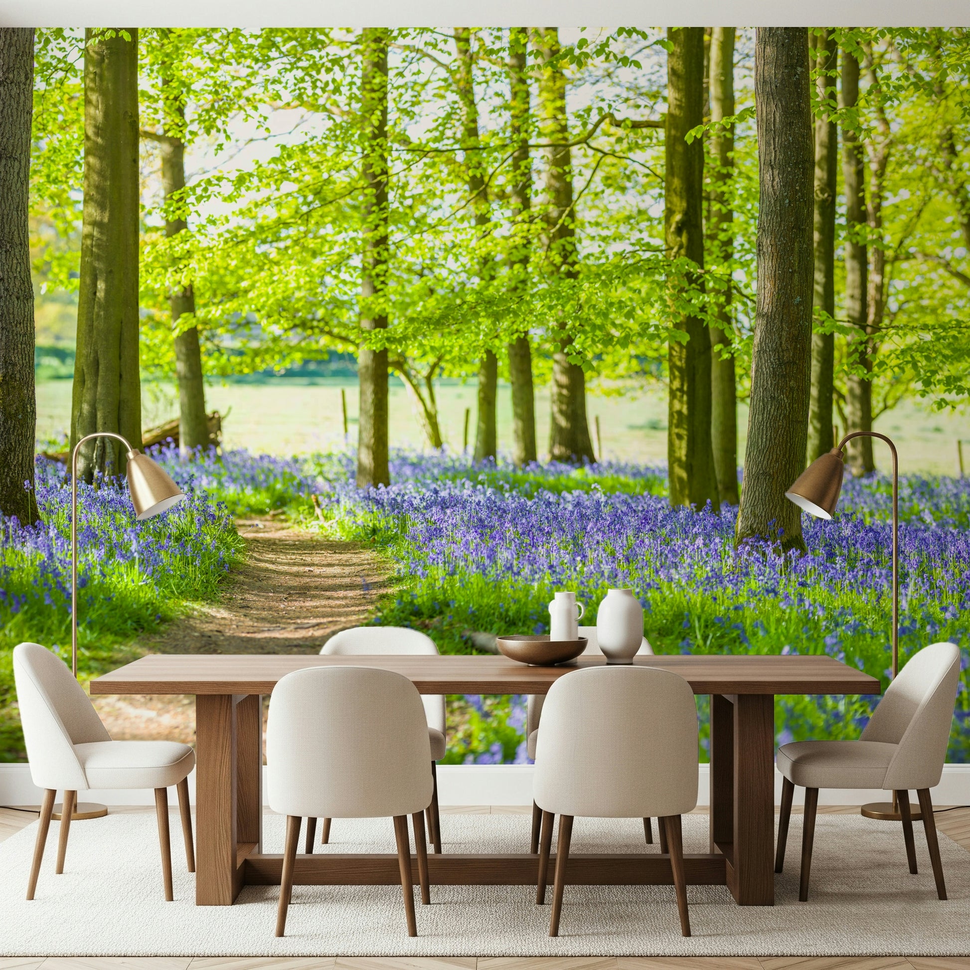 Interior design wall mural Bluebell Wonderland tall trees perspective