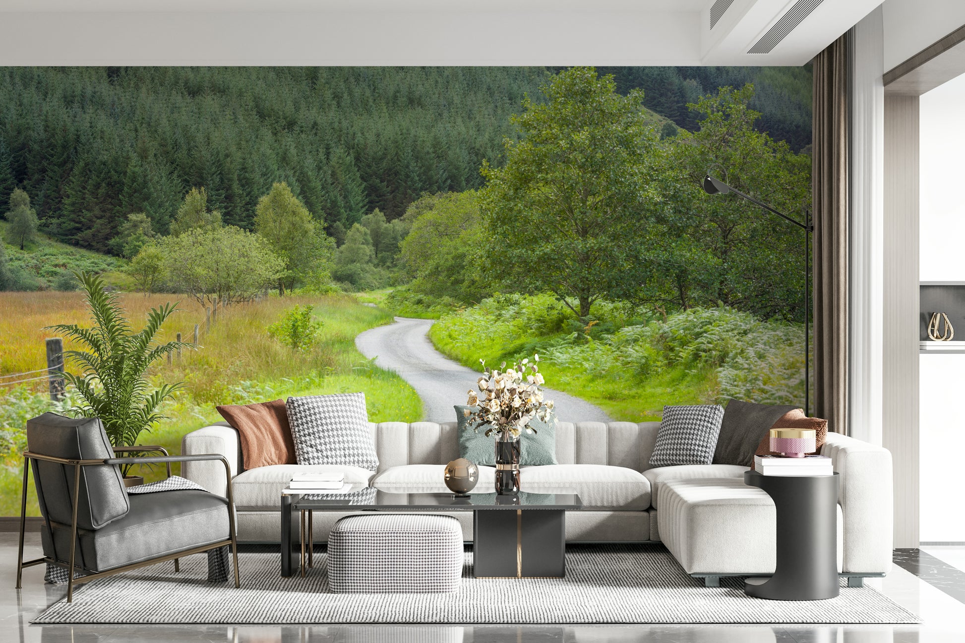 Calming wall mural showcasing a path snaking towards wooded hills. Winding Way.