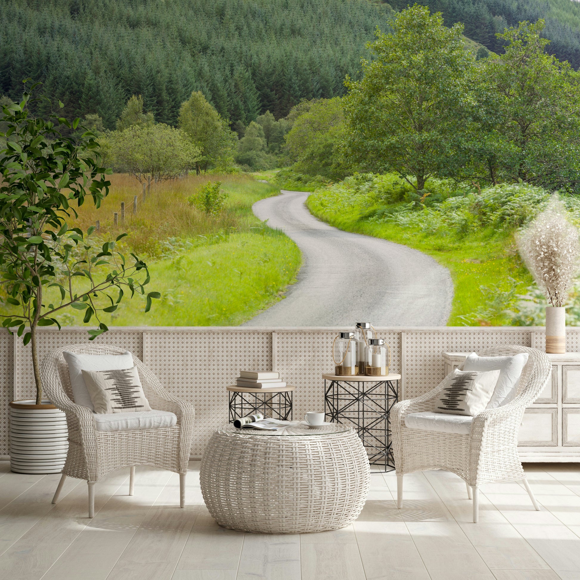 Nature scene wall mural, a secluded roadway surrounded by verdant life. Winding Way.