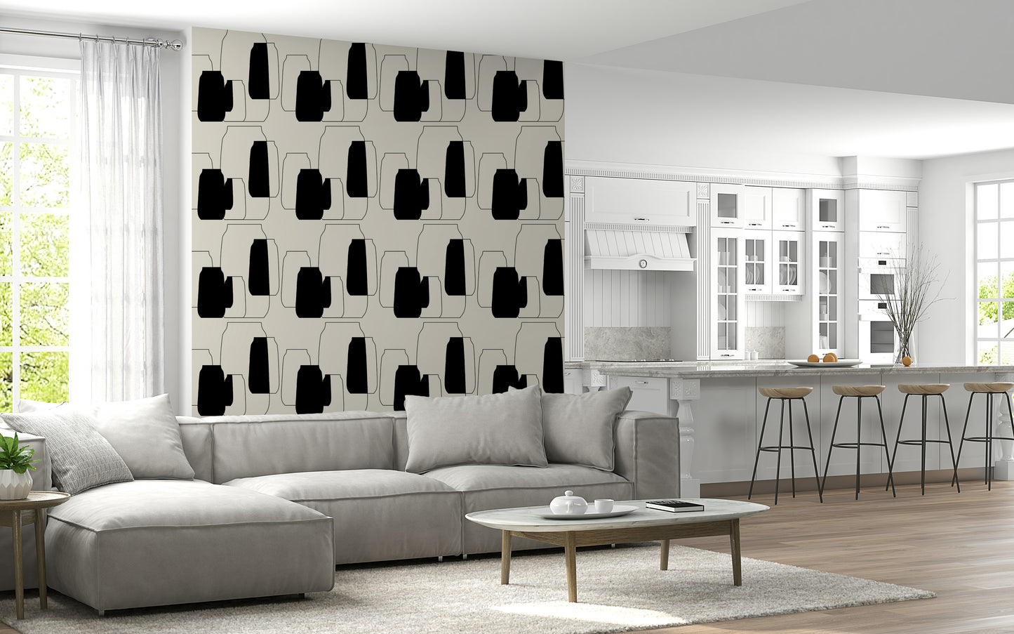 Quirky large black and white Simple Vessel Shapes, crocks on a canvas, subtle room accent.