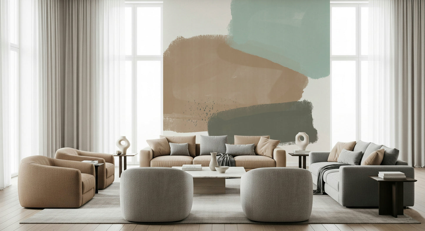 Abstract painterly wall mural in soft pastel tones.