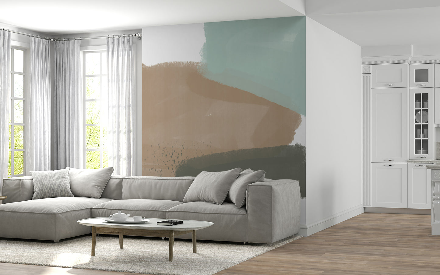 Tranquil art wall mural in neutral and cool color palette.