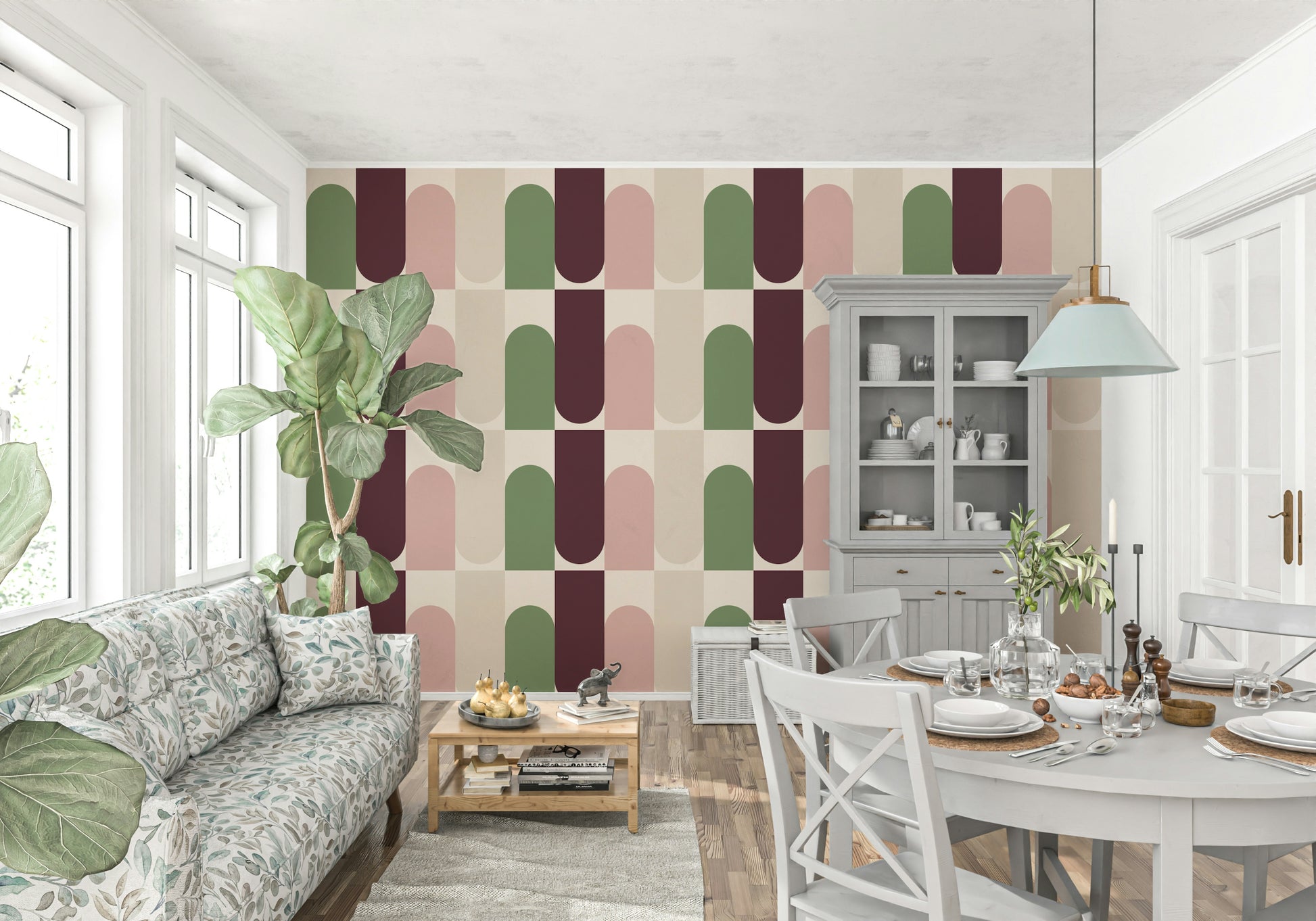 Contemporary aesthetic wallcovering with arches.