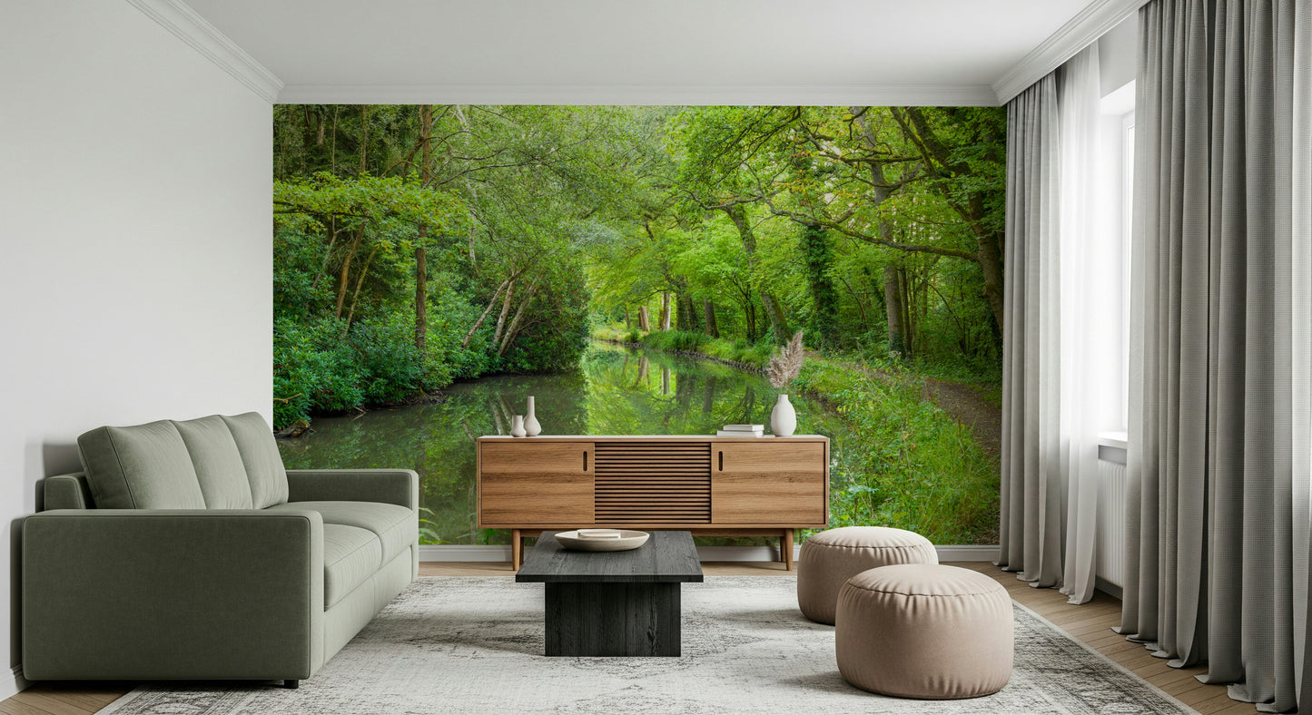 Placid water reflection, Verdant Stream Escape wallcovering, a quiet, inviting haven.