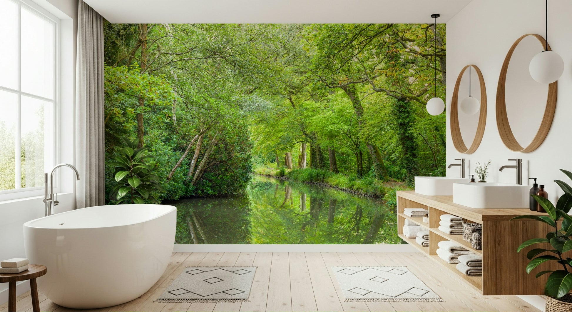 Charming forest scene, Verdant Stream wallpaper for walls, an unspoiled, pristine view.