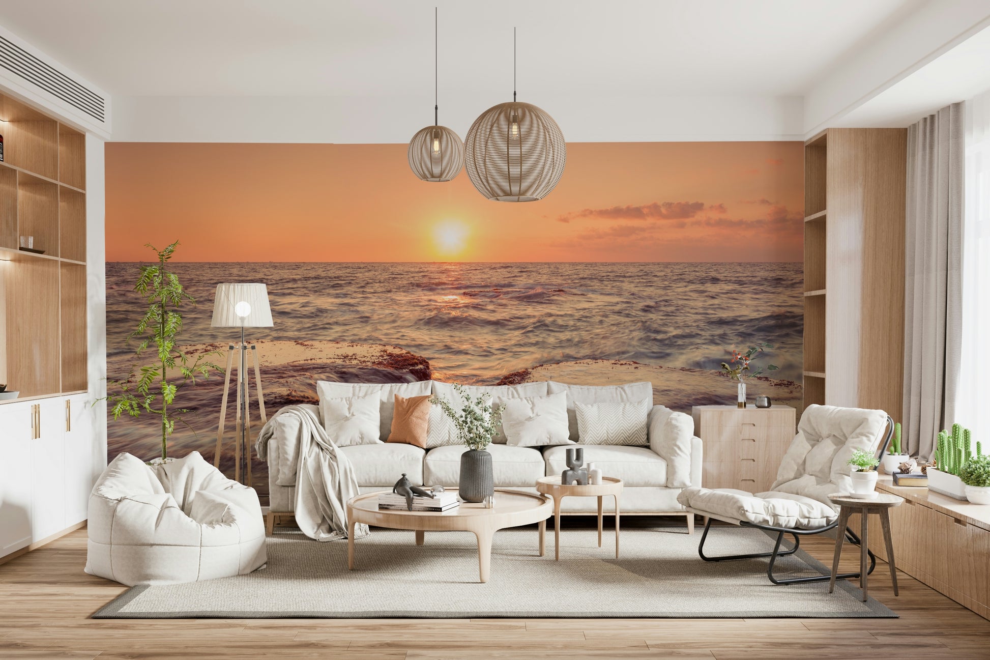 Coastal Dawn sunlight beaming over rhythmic sea water panorama.