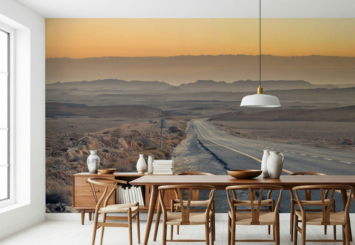 Desert panorama, distant mountains, a rugged Traversing the Desert scene.