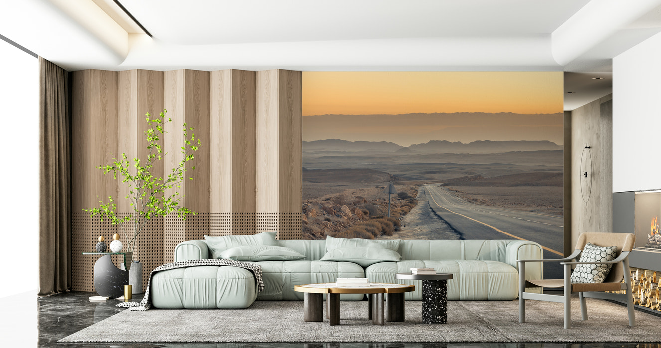 Traversing the Desert mural, long highway, vast arid landscape.