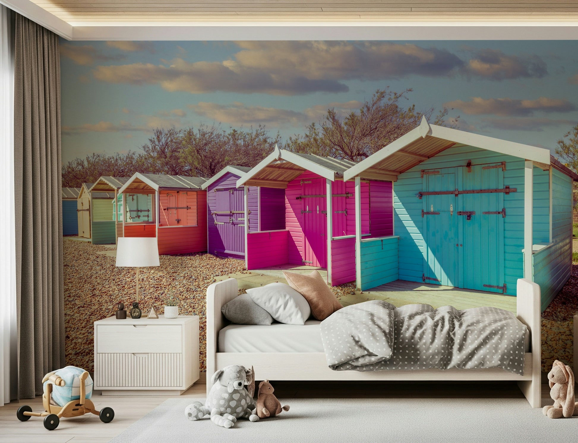 Beach Row Bliss wall mural, vibrant multi-colored sheds by the sea.