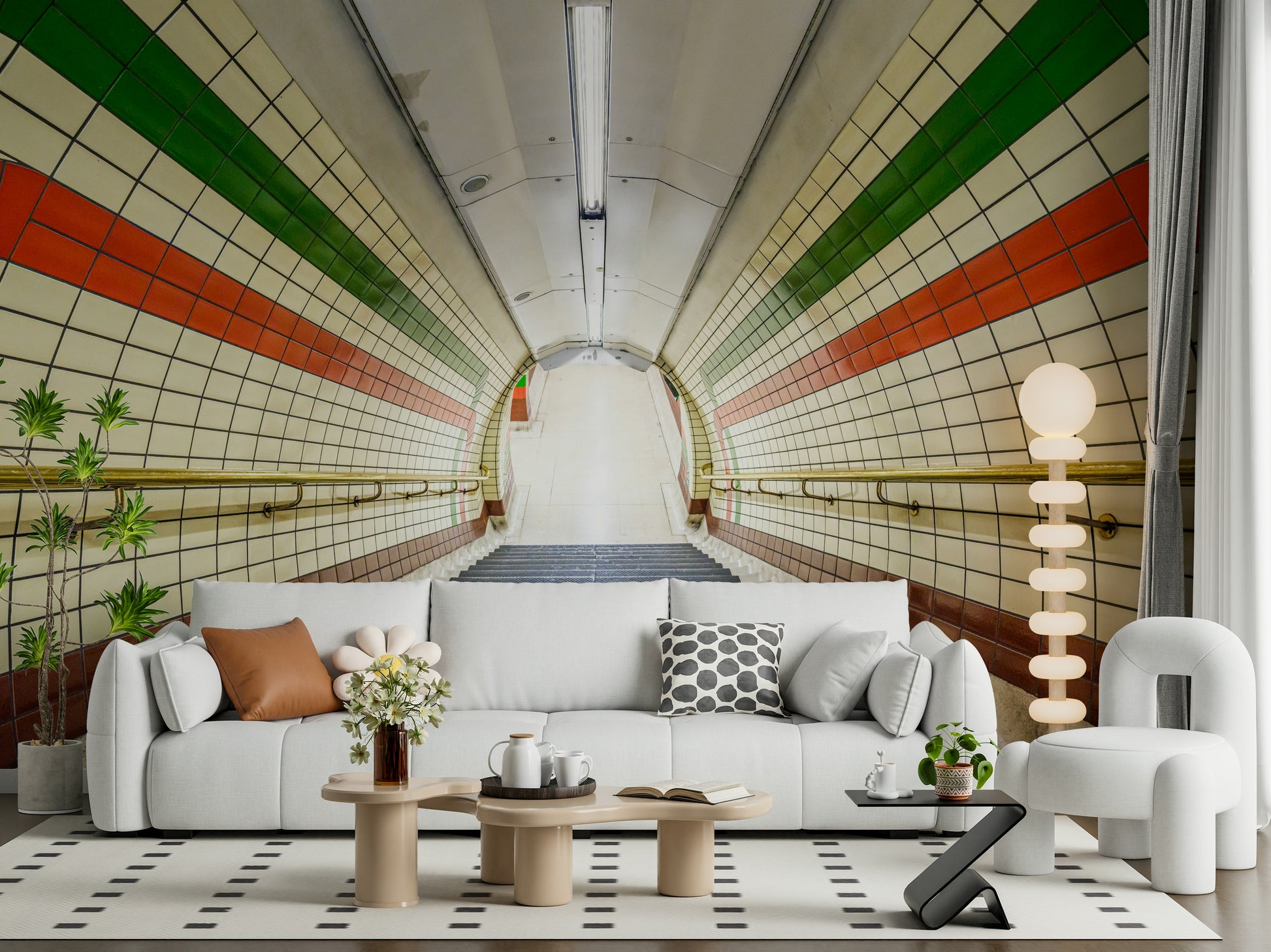 A perspective-rich wallpaper of a tiled subway staircase with brass railings and colored stripe patterns.