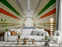 A perspective-rich wallpaper of a tiled subway staircase with brass railings and colored stripe patterns.