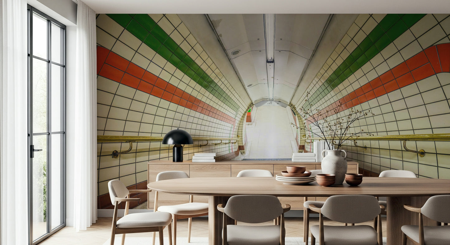 A dramatic underground staircase wallpaper with striped tiled walls leading toward a bright white corridor.