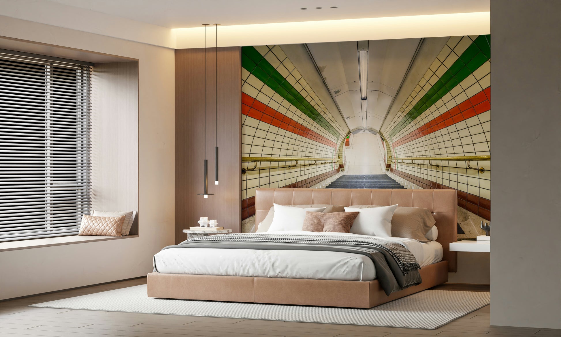 A geometric subway tunnel wallpaper showcasing clean tile lines and vibrant horizontal accent stripes.