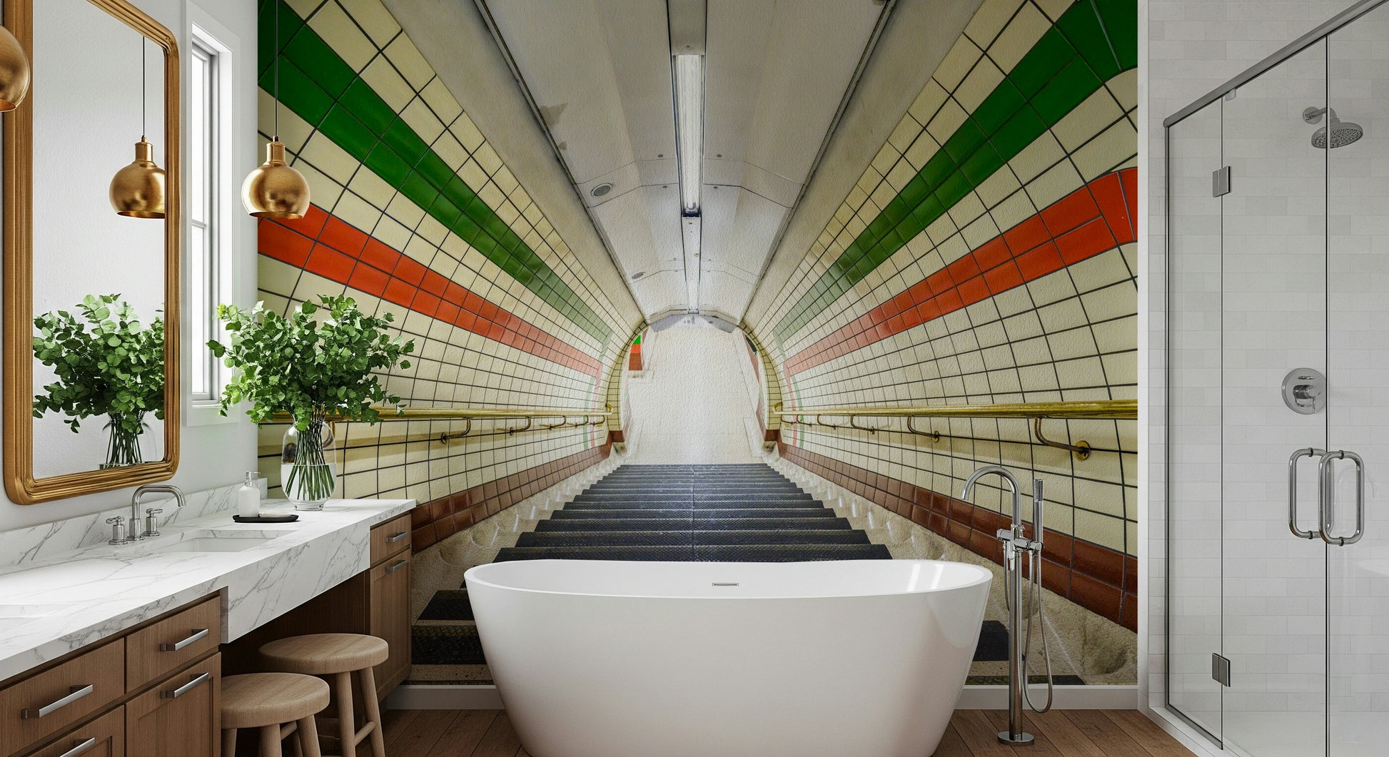 A staircase wallpaper showing a tiled underground passage with colorful horizontal stripes and metallic railings.