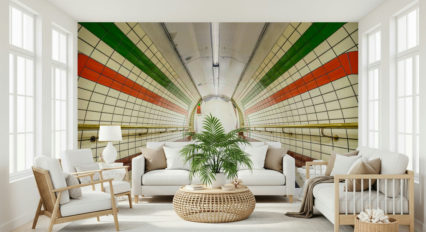 A tunnel-style wallpaper featuring symmetrical subway tiles and bold color bands along a stairway.