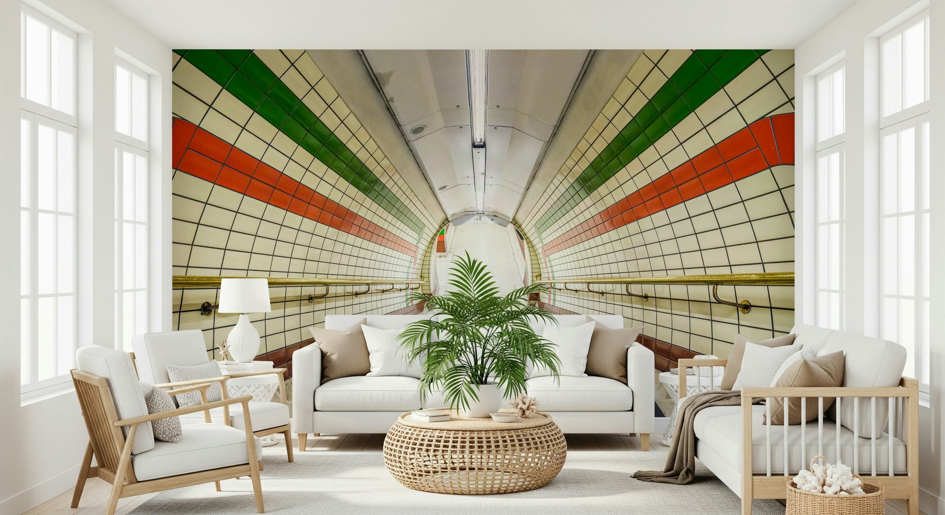 A tunnel-style wallpaper featuring symmetrical subway tiles and bold color bands along a stairway.