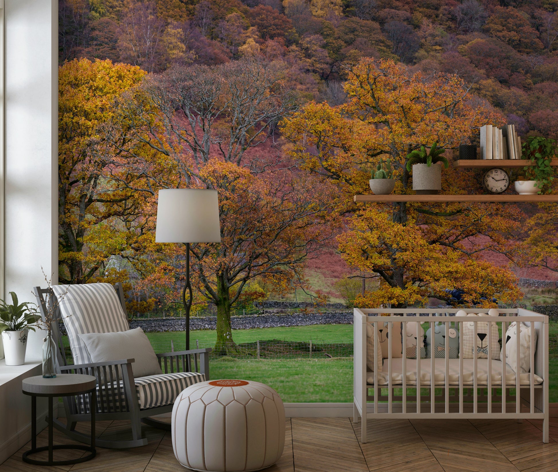 Vibrant fall foliage wallpaper showcasing towering trees with rich amber and rust tones.