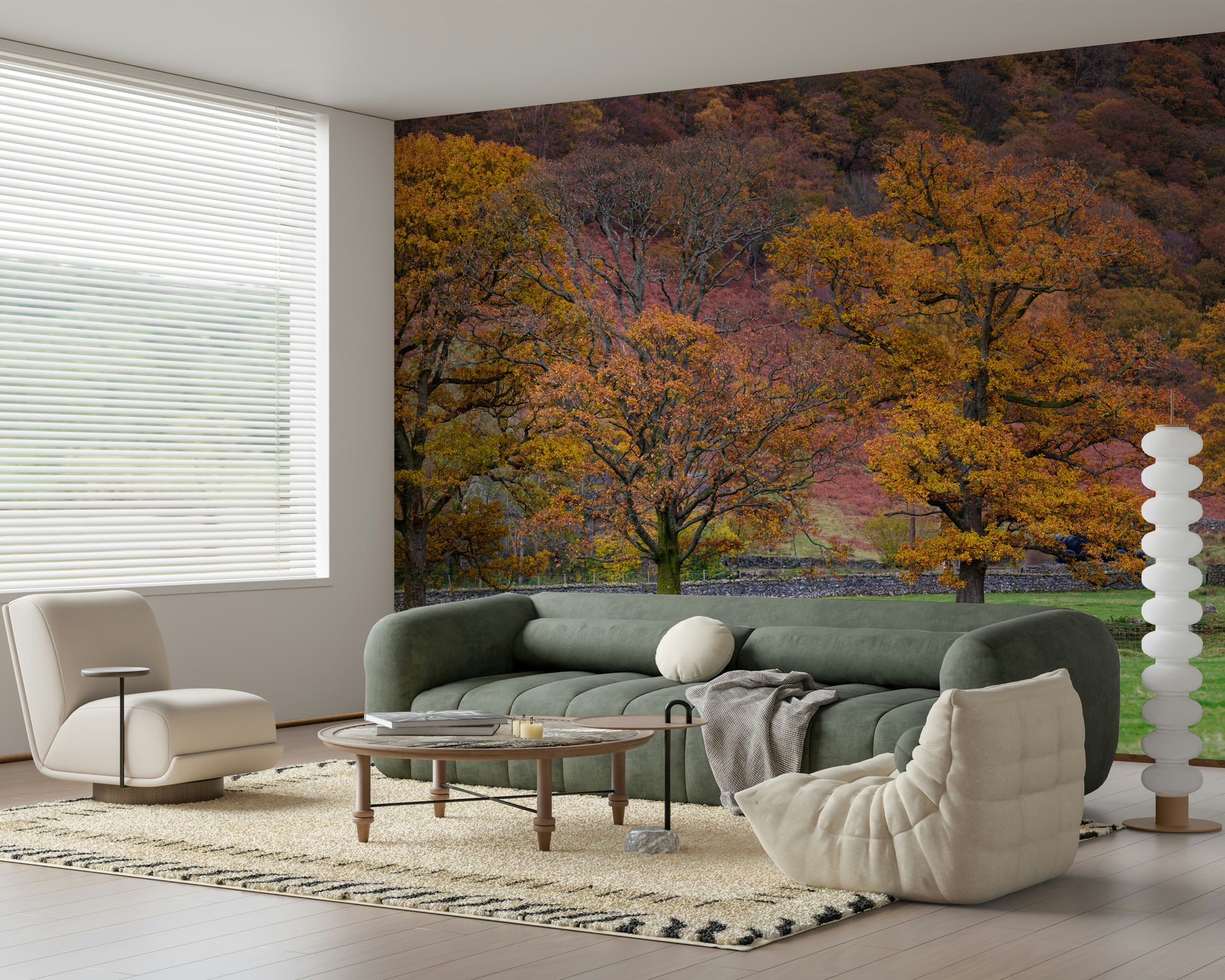 A tranquil wallpaper depicting bright orange and yellow fall trees in a countryside setting.