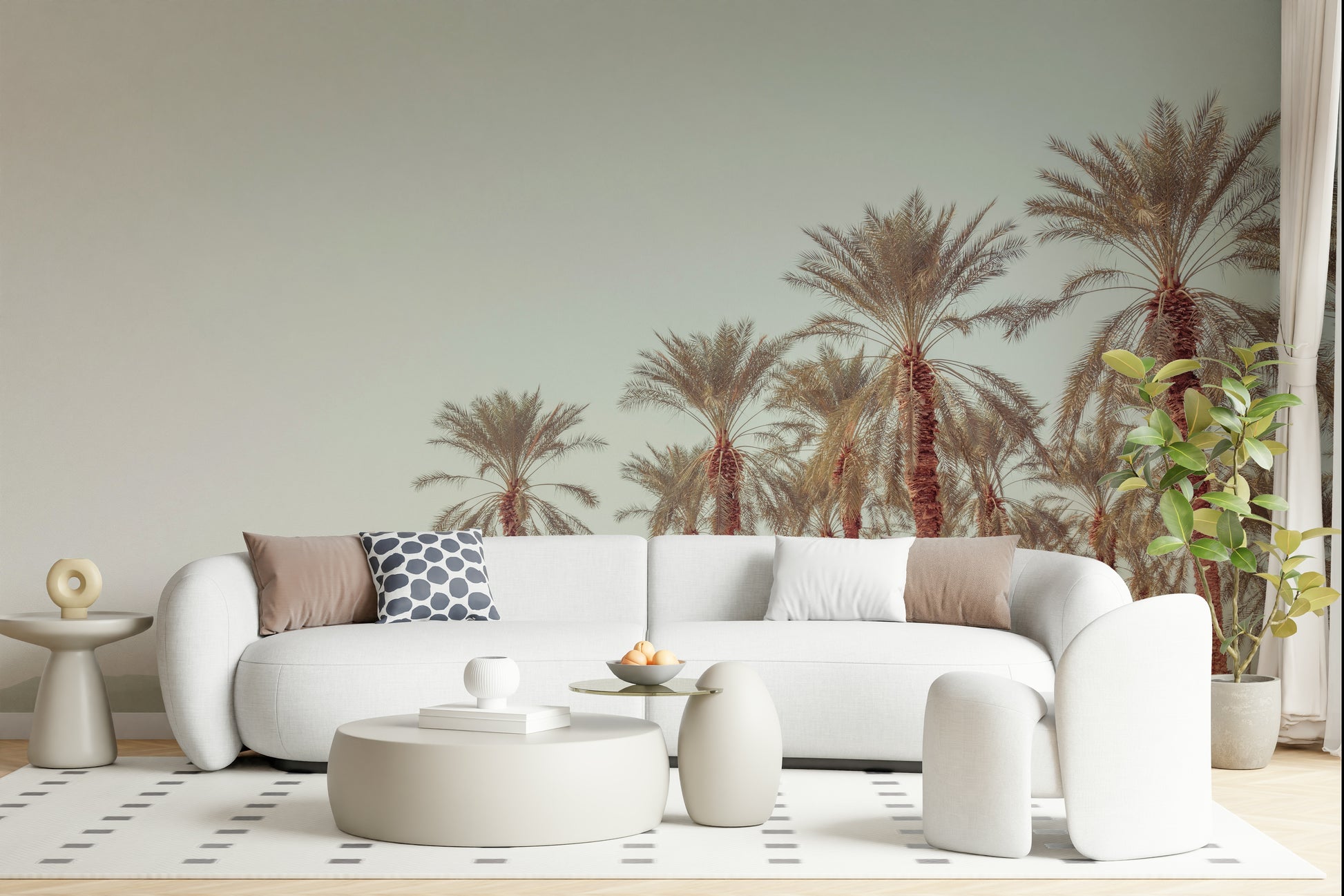 Elegant palm tree mural with gentle gradient sky and warm natural coloring.