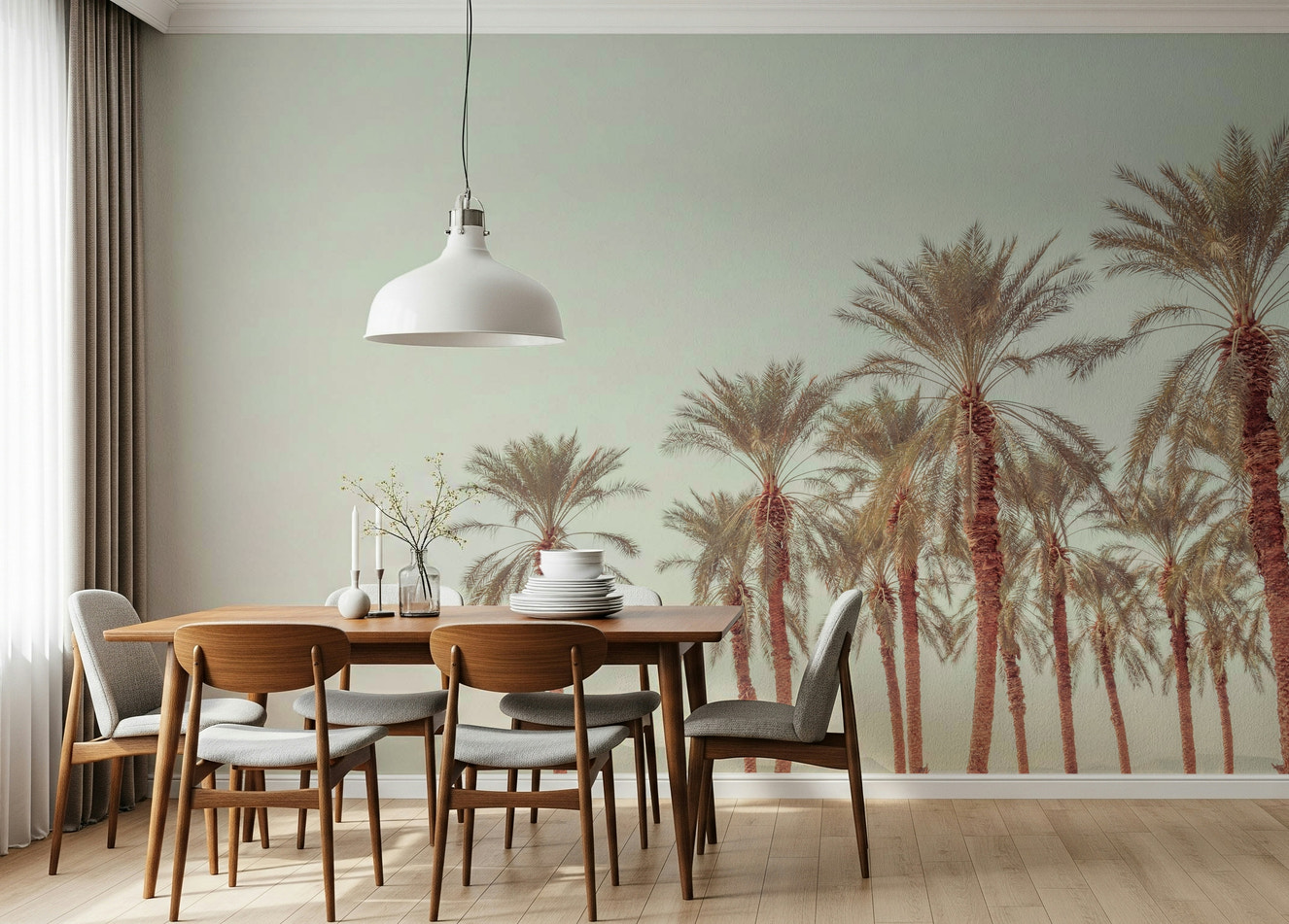 Palm Oasis Hues wallpaper featuring tall, sun-kissed palm trees against a soft gradient sky.