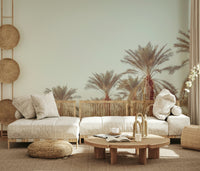 Serene palm tree wallpaper with warm earthy tones and a hazy tropical backdrop.