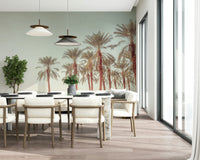 Vintage-style palm grove wallpaper in subtle beige and terracotta shades.
