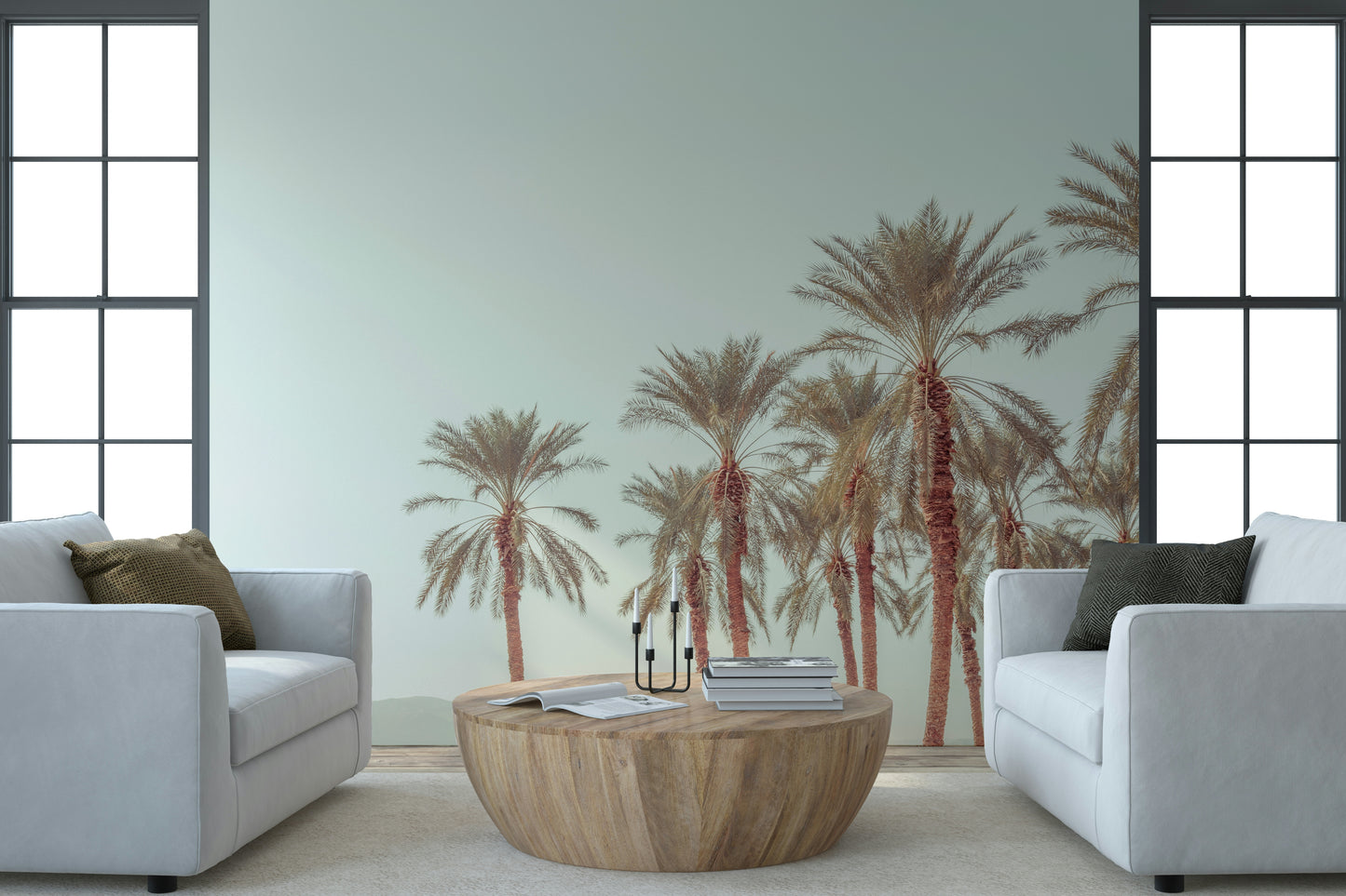 Dreamy palm oasis wallpaper featuring layered palm fronds in earthy pastels.