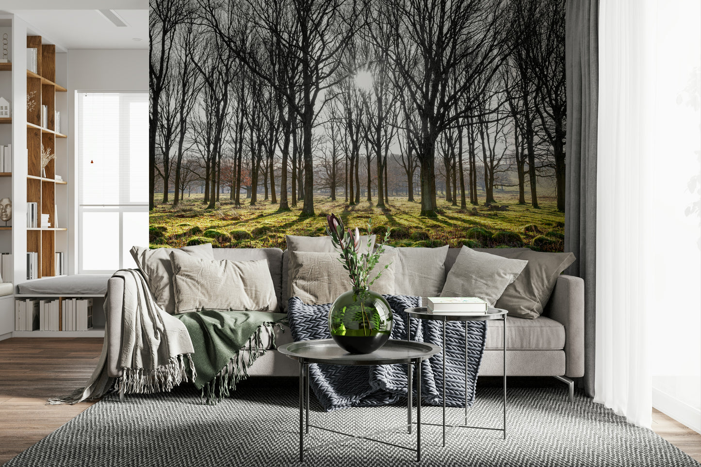 Forest wallpaper with bright sunbeams shining between winter trees over a moss-covered landscape.