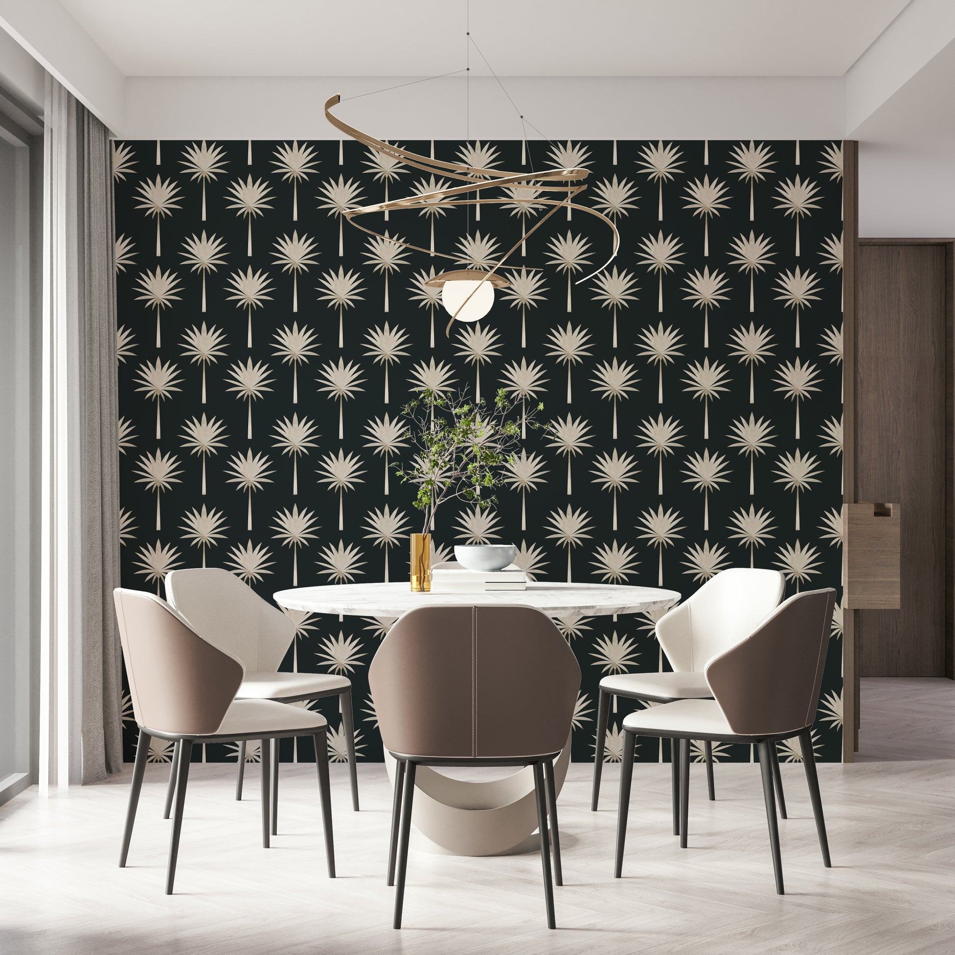 Shimmering Luxe Palms Flair pattern, luxurious interior accent wall covering.